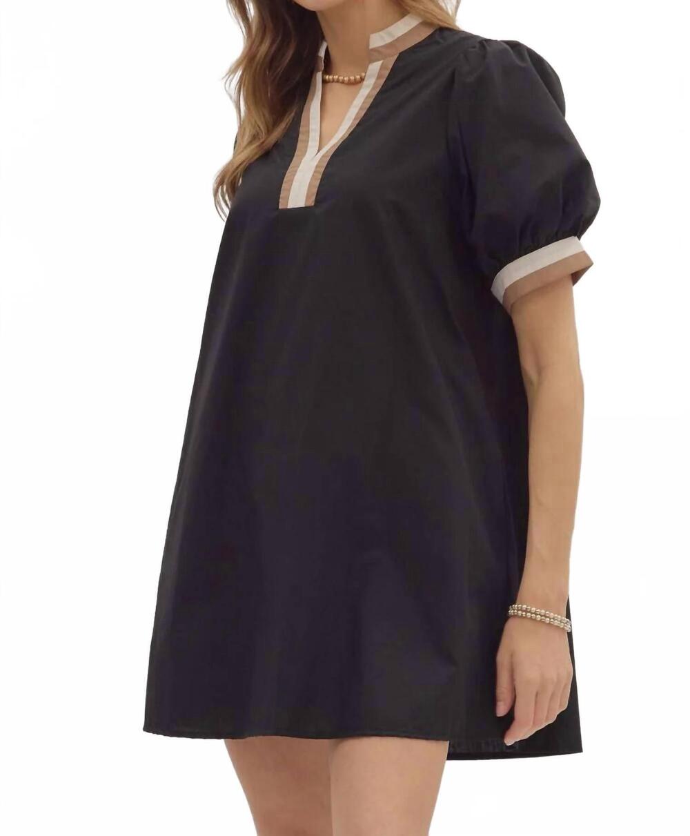 NEW ENTRO great times contrast trim mini dress in black